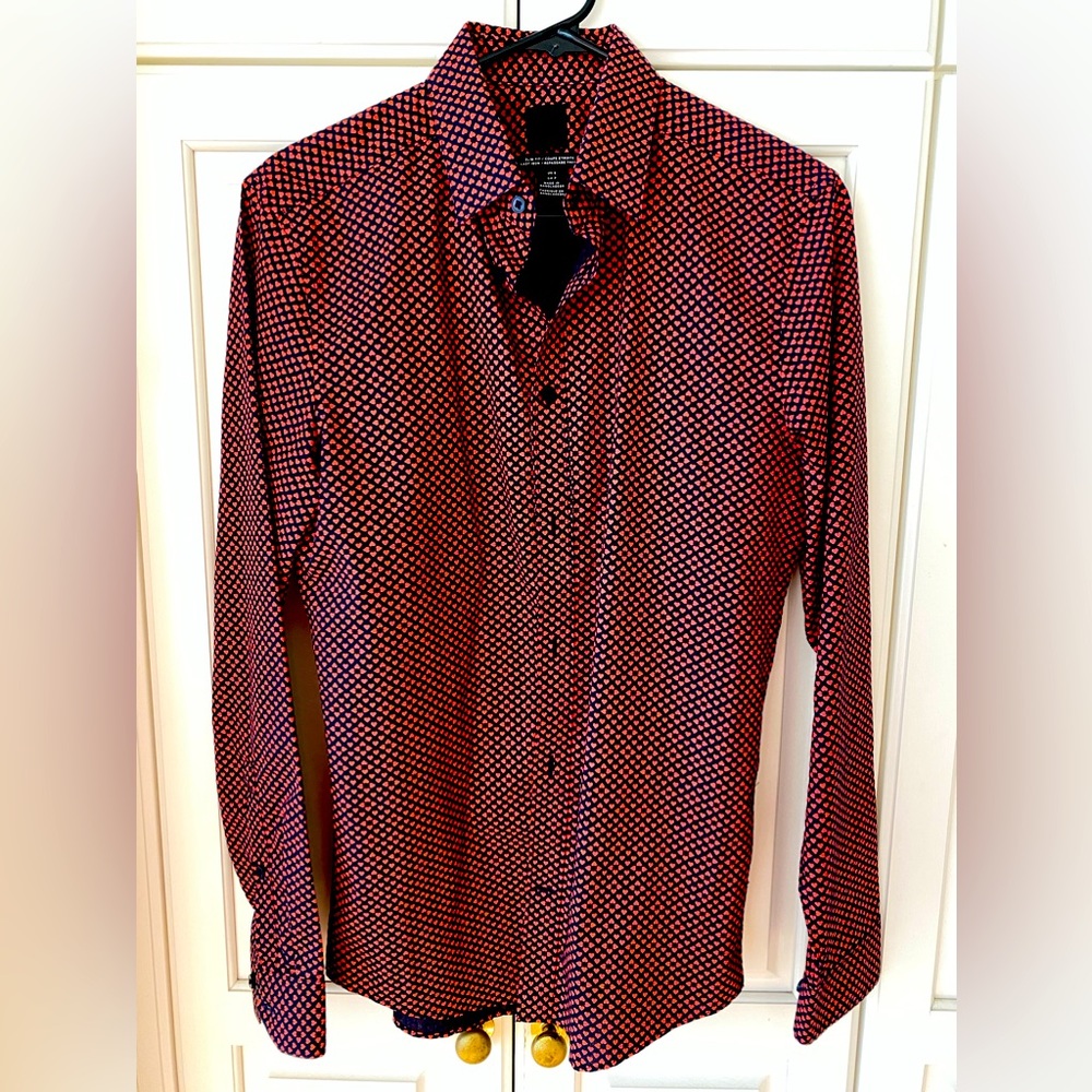 H&M Slim fit Shirt Black Red Heart Print Button Up Long Sleeve Mens size S